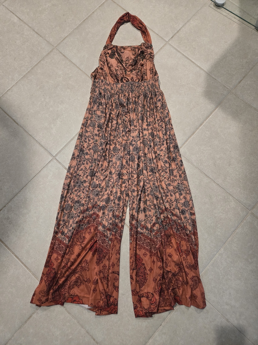 Free People Rust and Black Paisley Halter Wide-Leg Jumpsuit